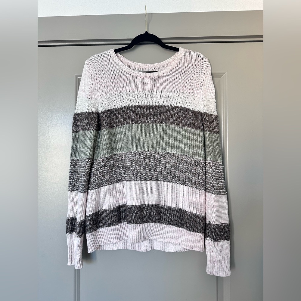 LOFT Striped Scoopneck Sweater in Light Pink, Gray & Sage